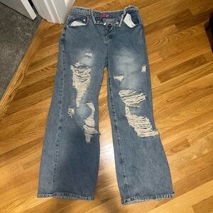 Edikted ripped fold over blue jeans